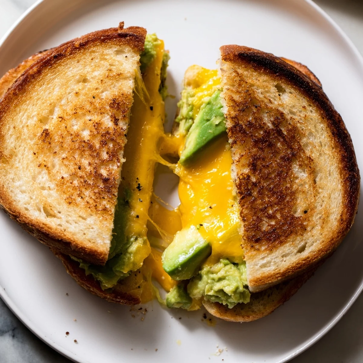 Golden avocado toast grilled cheese sandwich, oozing melted cheddar, perfect for a quick and comforting meal.