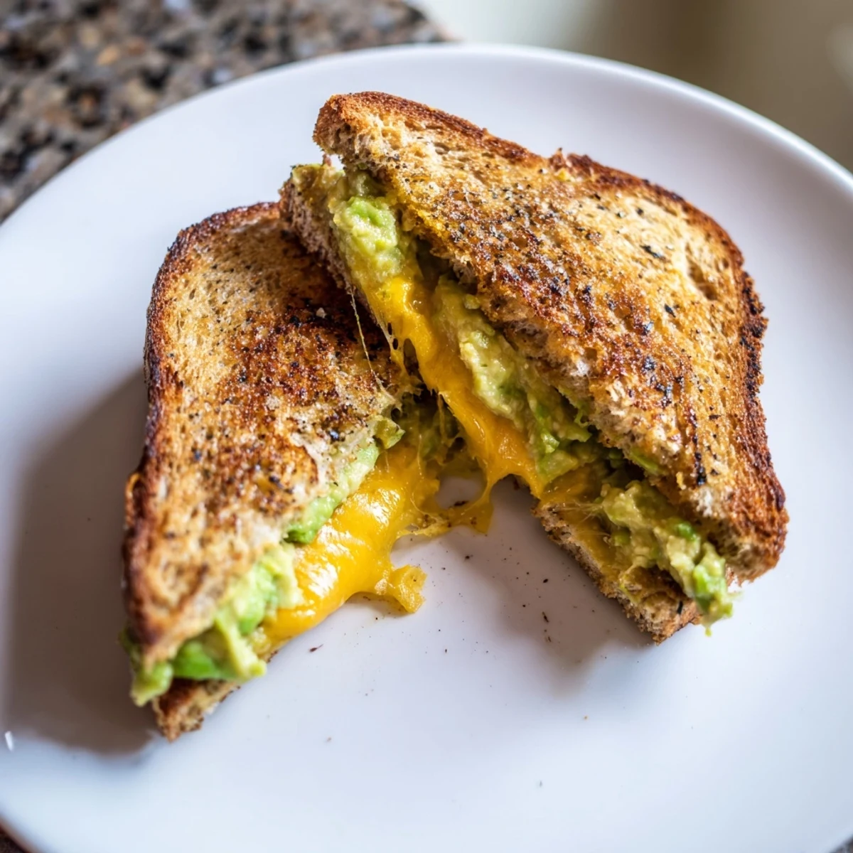 Indulge in a homemade avocado toast grilled cheese, with perfectly toasted bread and a blend of cheesy goodness.