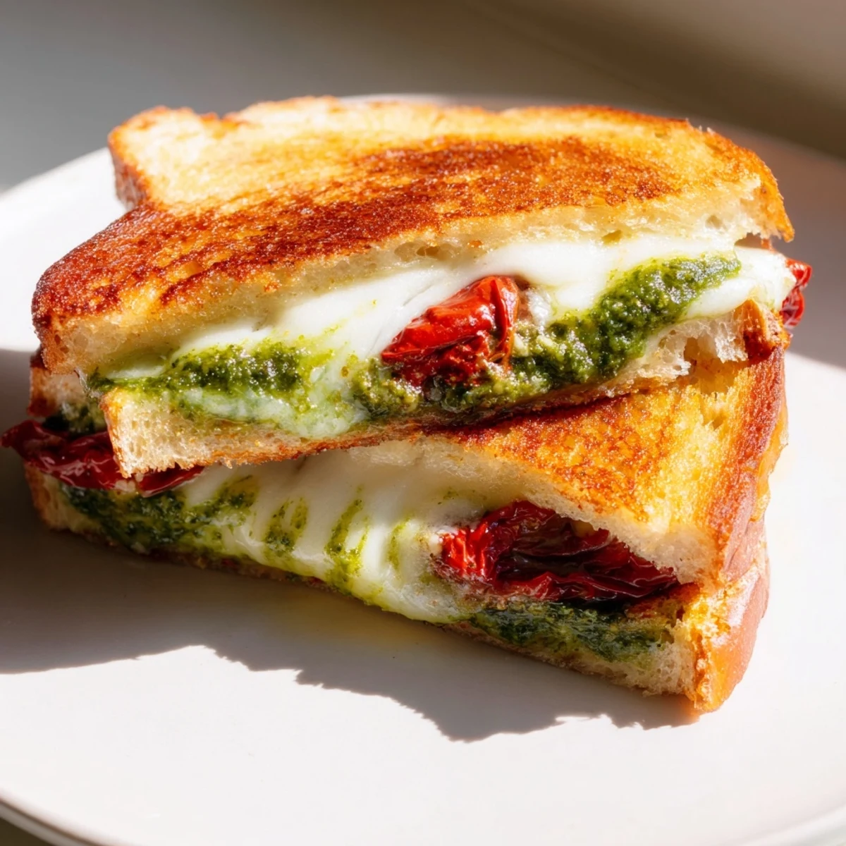 Golden, crisp Pesto Grilled Cheese sandwich with melted mozzarella and bright red sun-dried tomatoes.