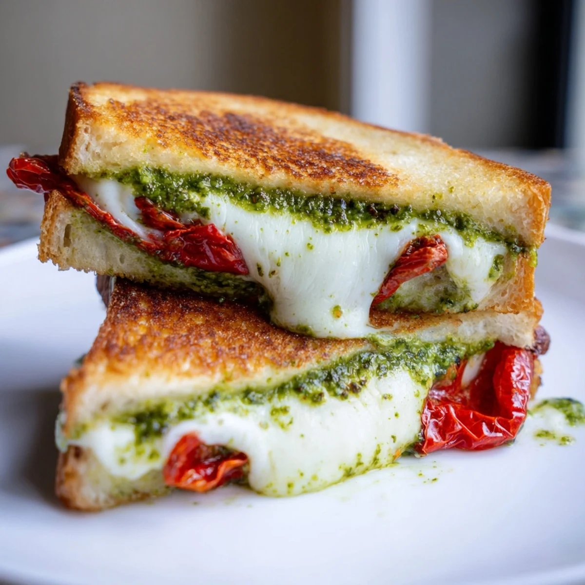 Close-up of a warm Pesto Grilled Cheese, showcasing gooey cheese and fragrant basil pesto flavors.