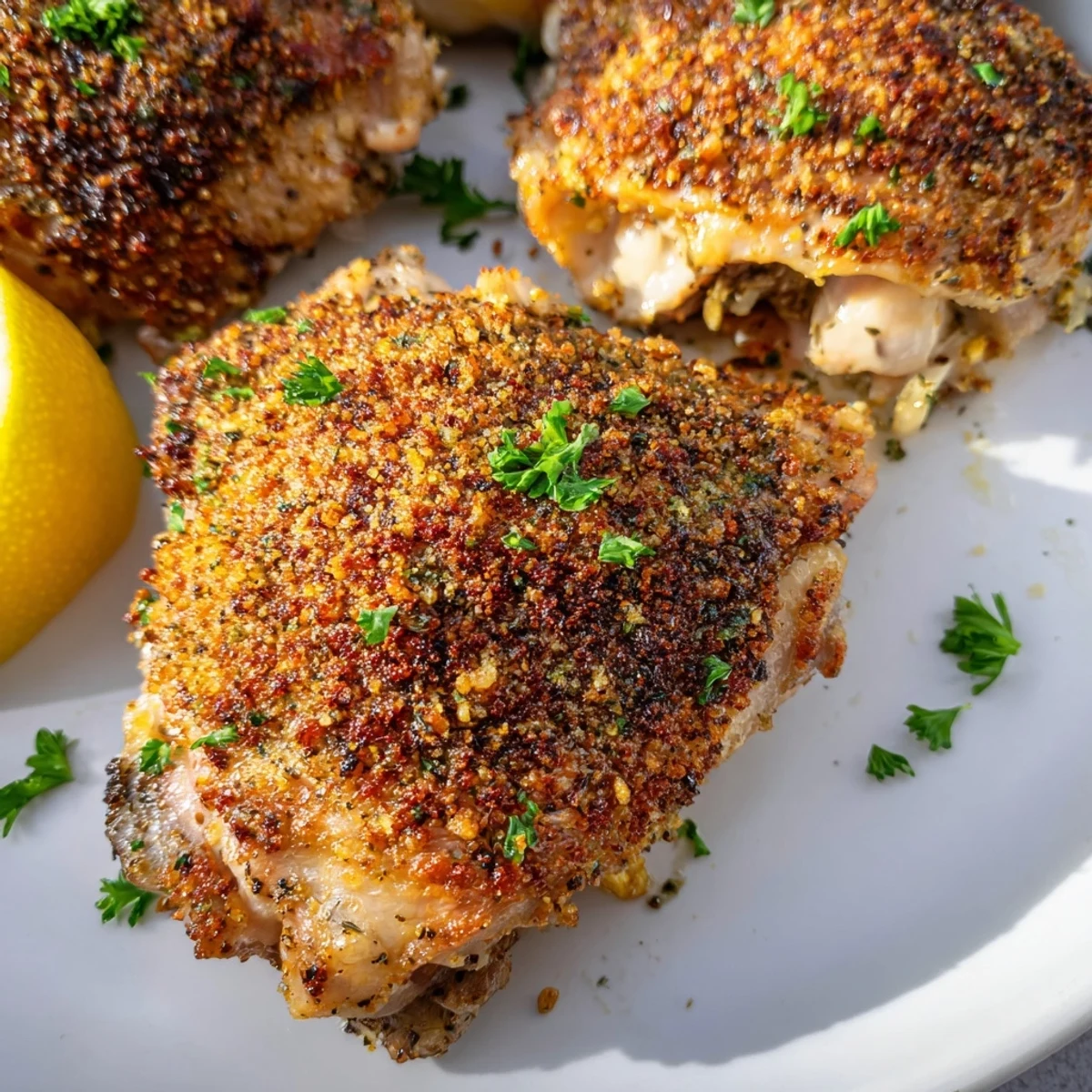 Golden, crispy garlic chicken thighs with flavorful skin and tender, juicy meat visible.