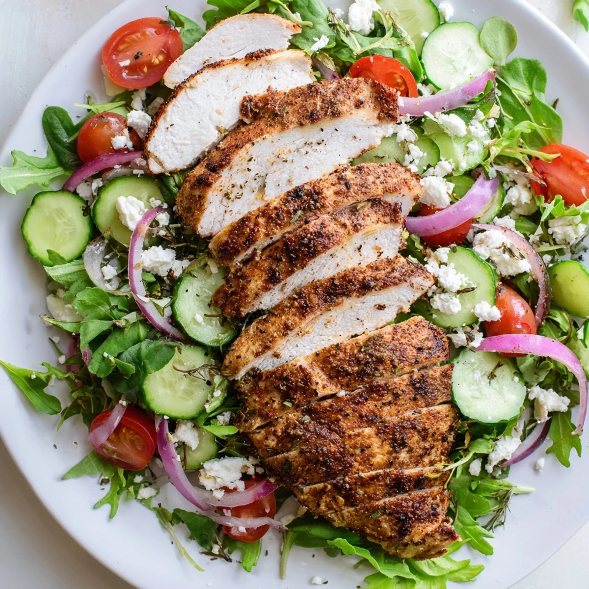 Golden pan-seared chicken salad, a vibrant main course with perfectly cooked chicken atop fresh greens.