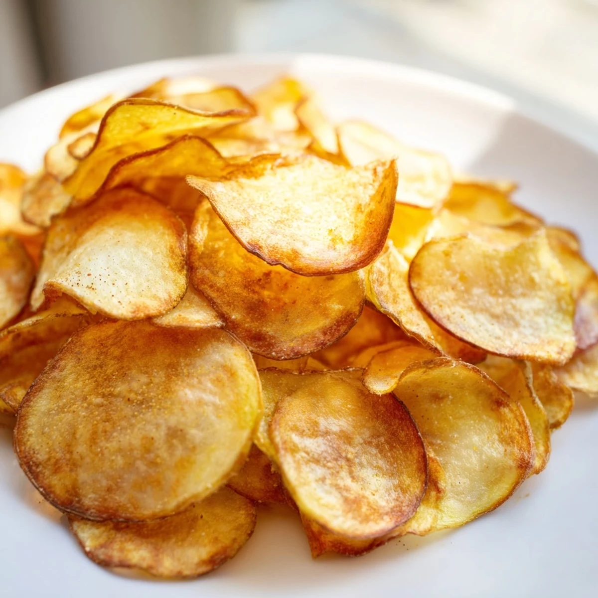 Golden, crispy homemade air-fryer potato chips, seasoned and ready for dipping, the perfect snack.
