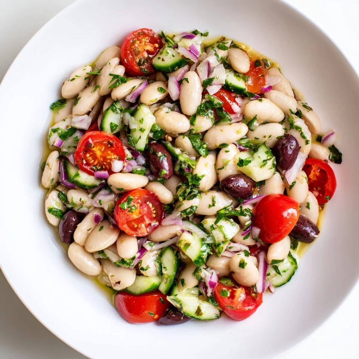 A refreshing Mediterranean white bean salad, perfect for a light lunch, piled high with fresh herbs.