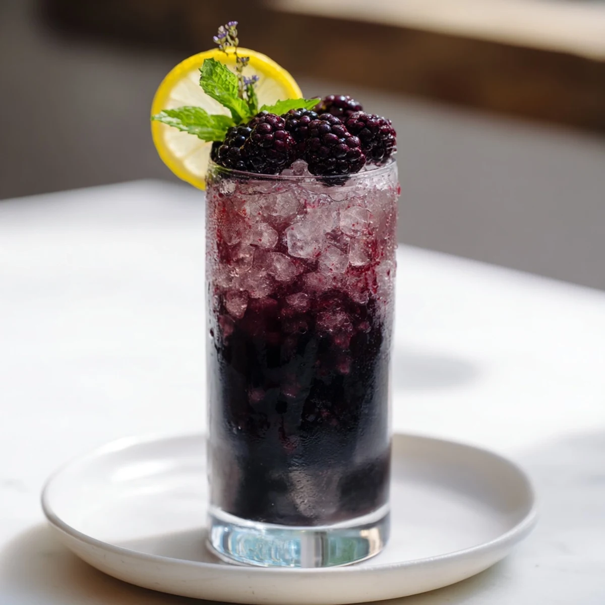 A vibrant photo shows layered Dark Matter Mocktail, a jet-black drink with blackberry and lime highlights.