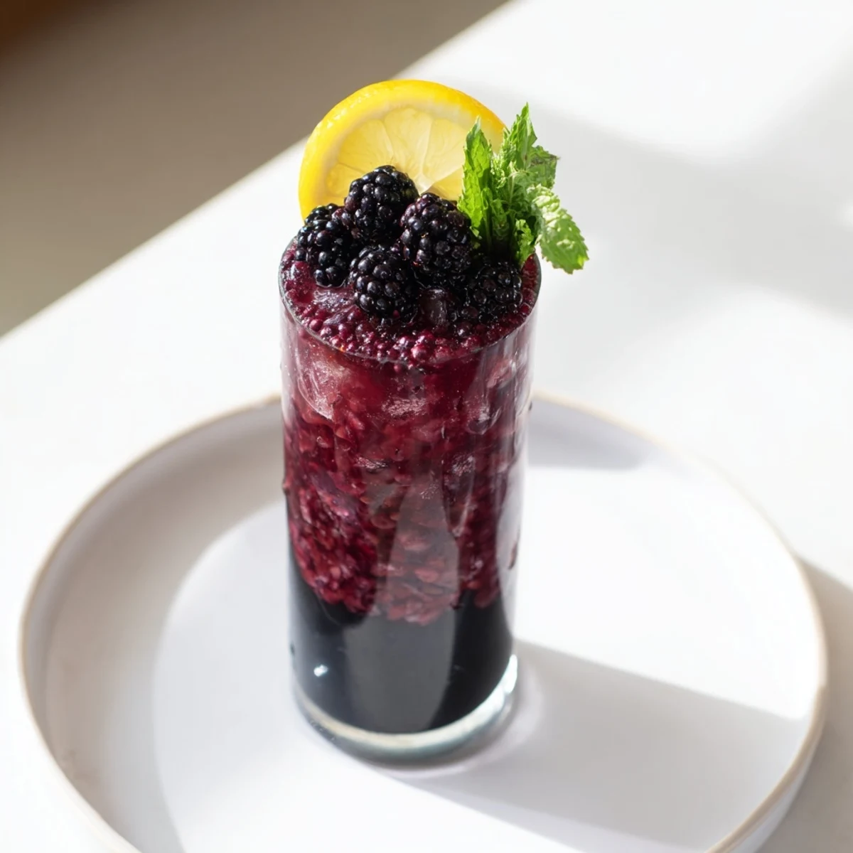Enjoy the intriguing color contrast: a Dark Matter Mocktail served with fresh blackberry garnish, a delicious non-alcoholic treat.