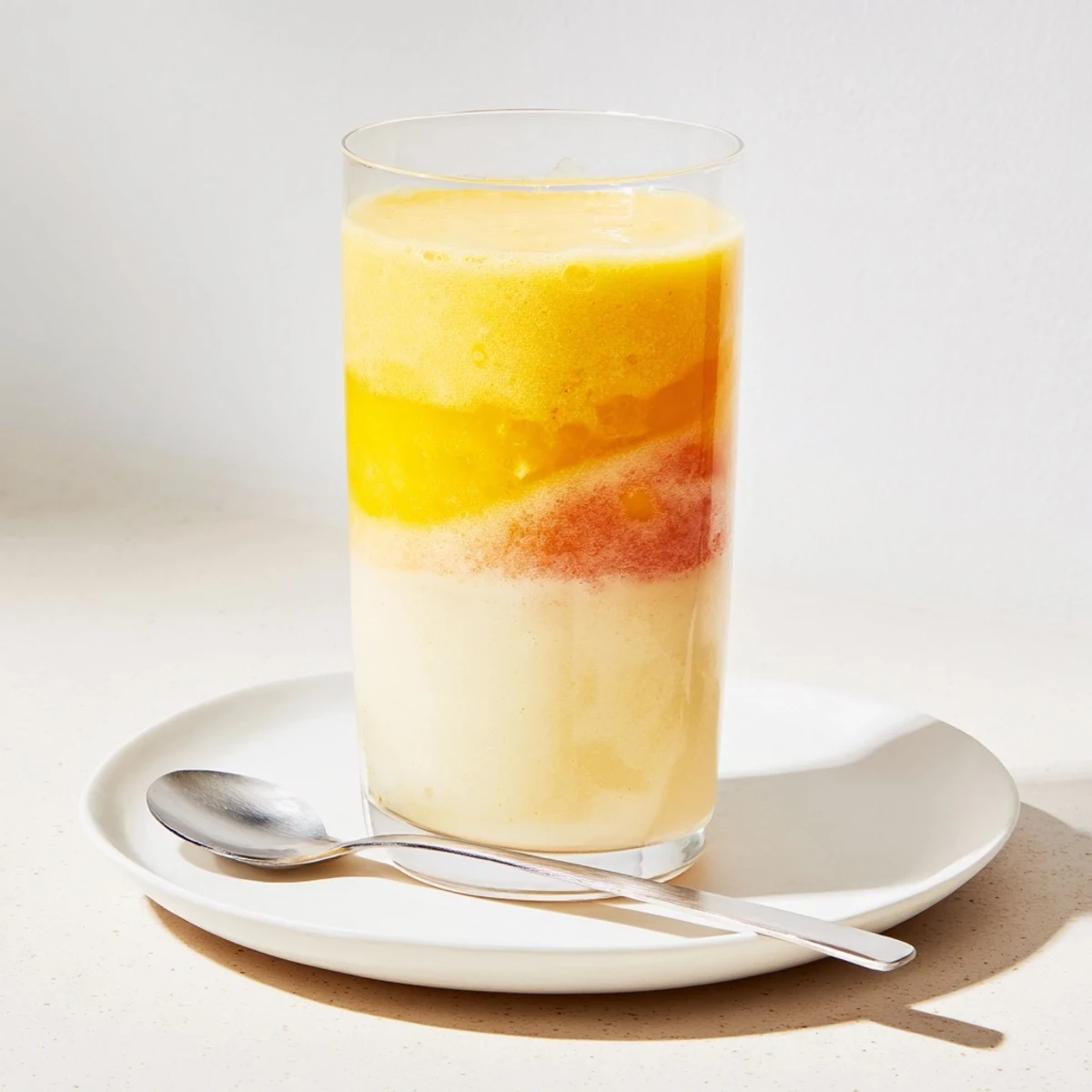 A layered Tropical Sunset Smoothie with vibrant mango, passion fruit, and orange hues, garnished with fruit.