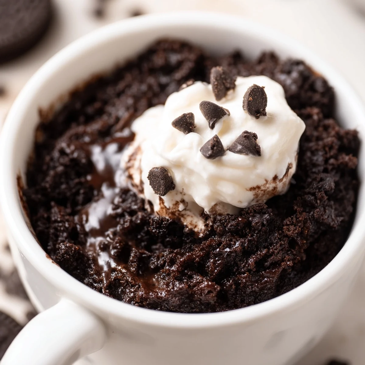 Warm, chocolatey Oreo mug cake, ready in minutes, perfect for a late-night treat, served with delight.