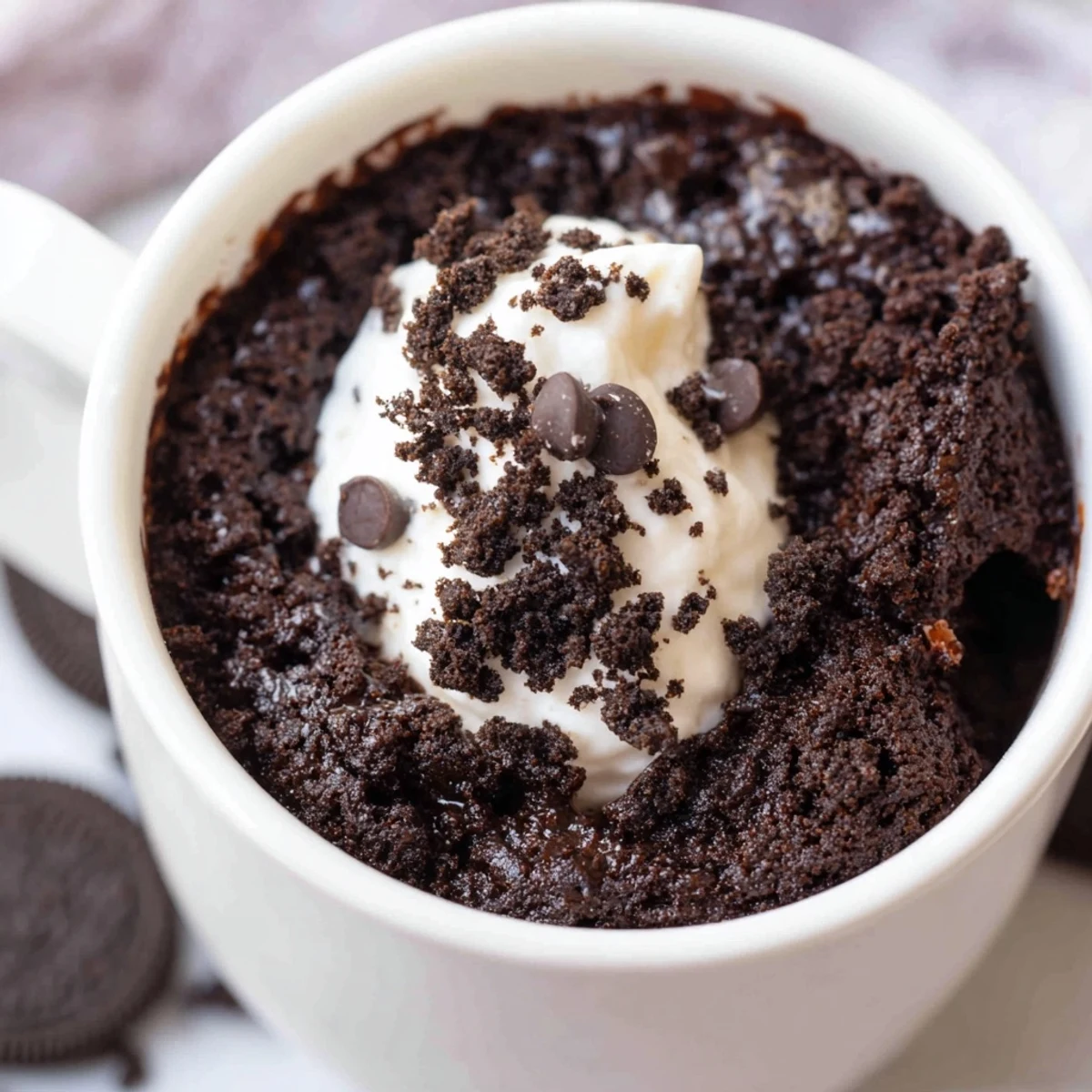 A fluffy, individual Oreo mug cake, moist on the inside, enticing with its chocolate cookie aroma.
