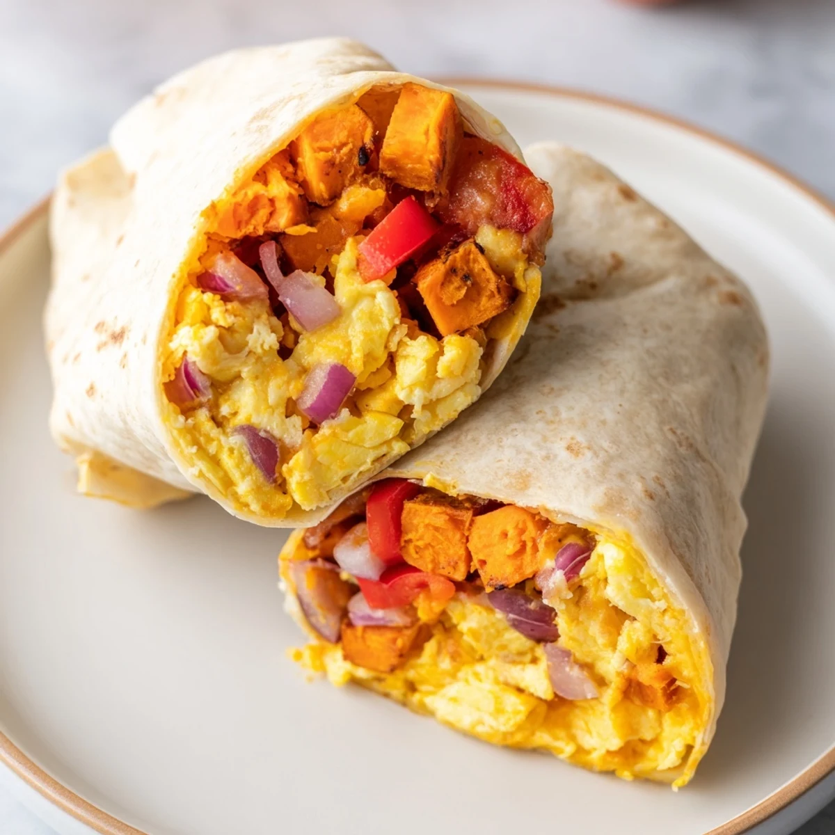 A close-up shot of a wrapped Sweet Potato Breakfast Burrito ready to be devoured, offering fresh flavors.
