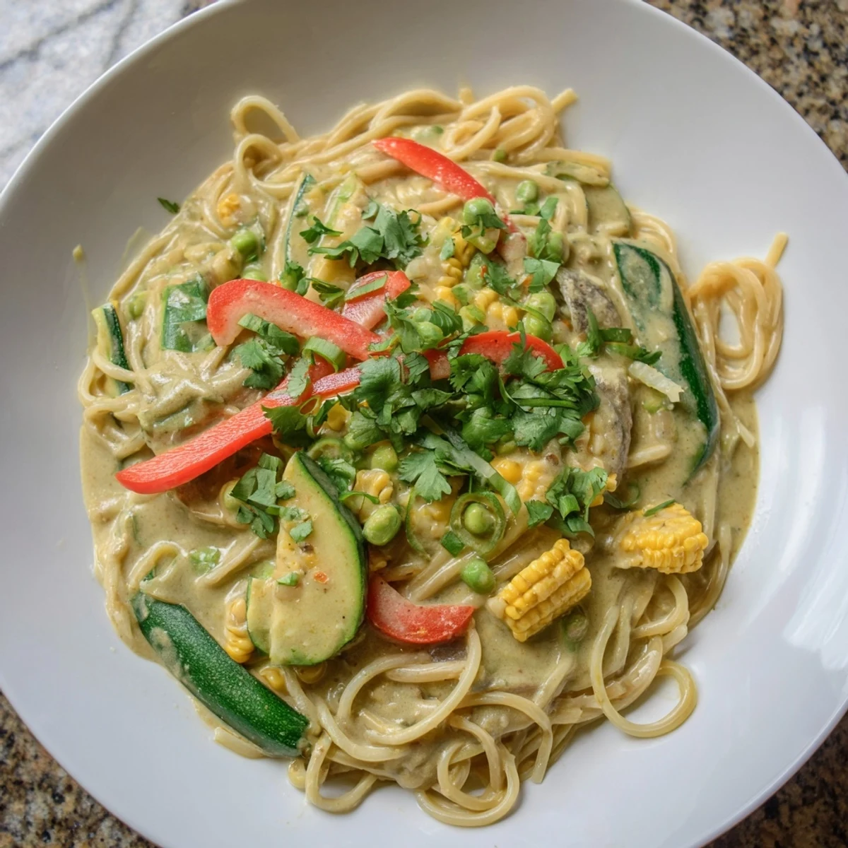 Steaming bowl of Thai Curry Pasta, a delicious fusion meal with fresh herbs and lime wedges.