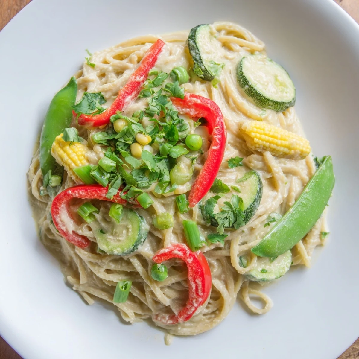 Flavor-packed Thai Curry Pasta: tender noodles coated in fragrant green curry sauce, ready to serve.