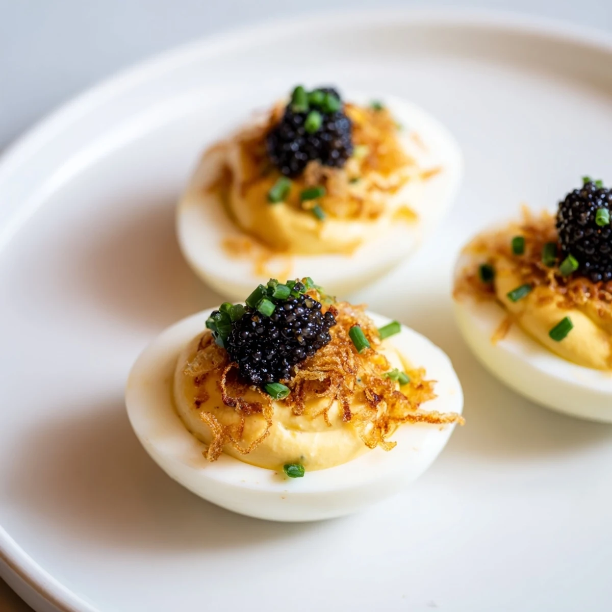 Sophisticated platter of deviled eggs with caviar, the classic appetizer with a luxurious twist.
