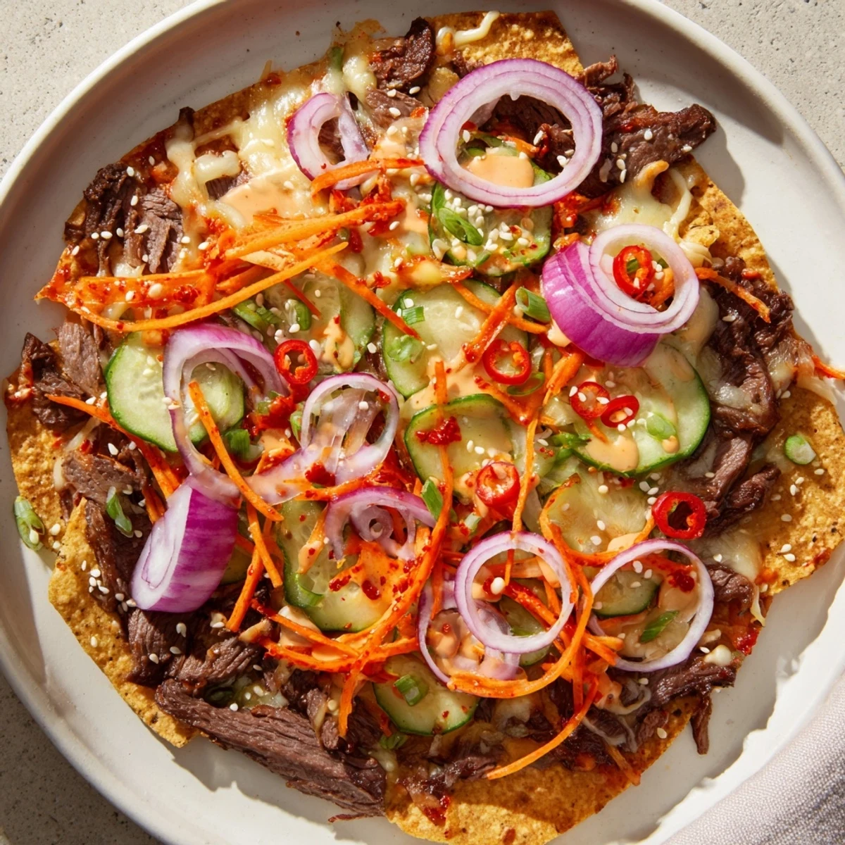 A close-up of Korean BBQ Nachos with melted cheese, savory beef, and vibrant toppings ready to serve.