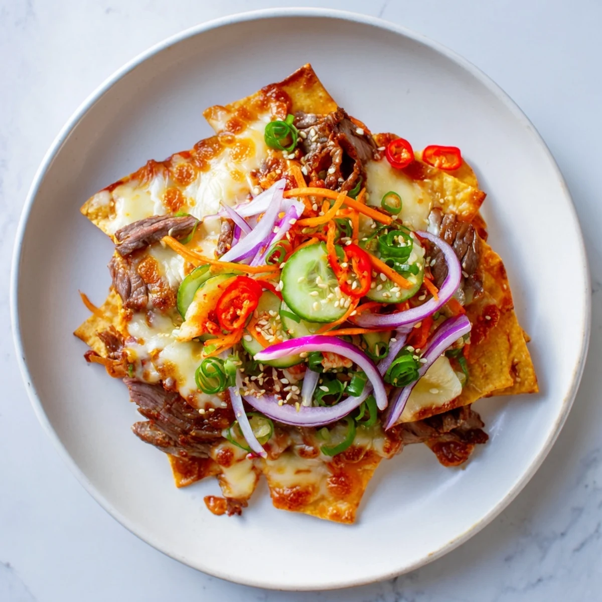 Golden baked Korean BBQ Nachos, featuring beef and vegetable layers with a sprinkle of fresh sesame seeds.