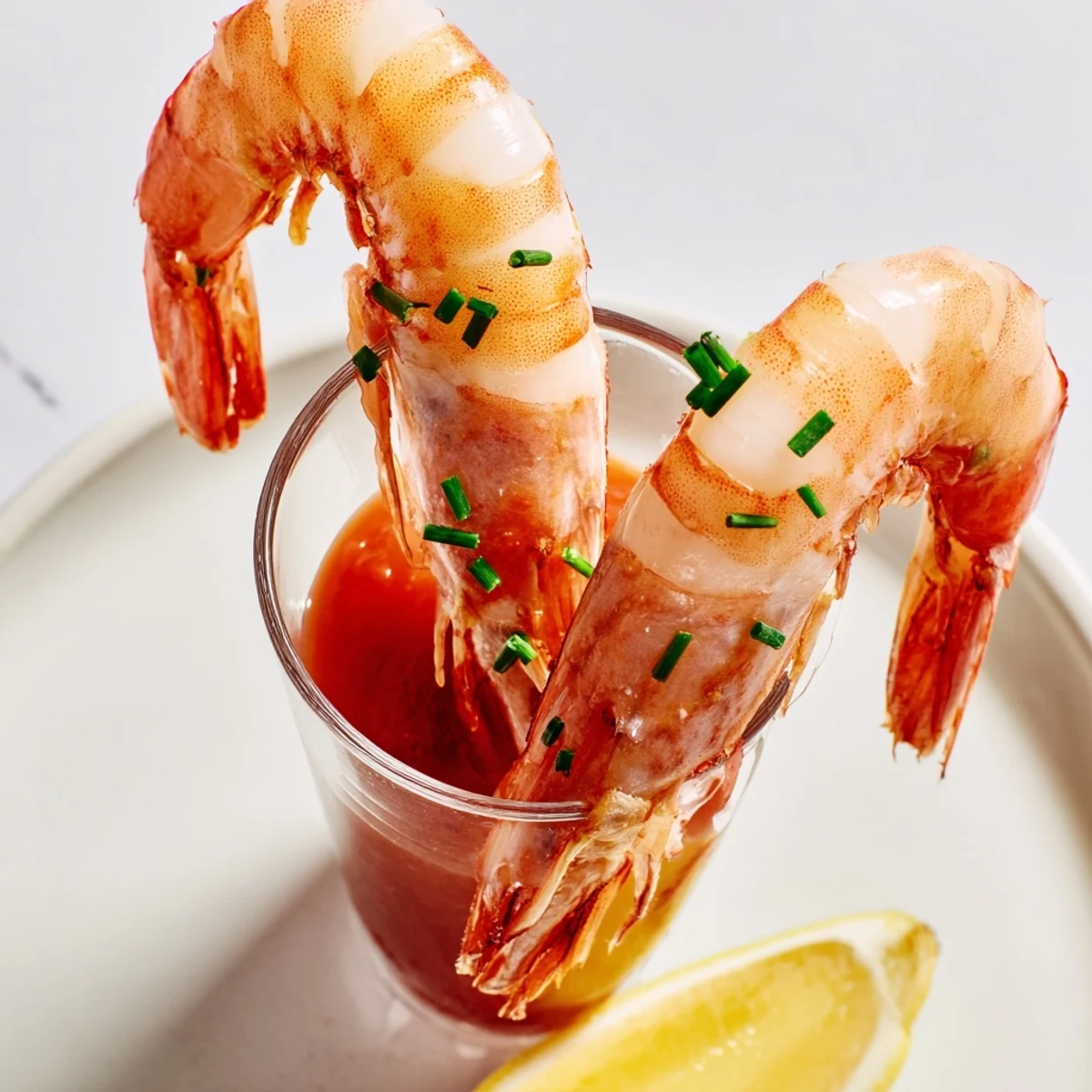 Retro Prawn Cocktail Shooters, chilled and ready, showcasing succulent shrimp with vibrant cocktail sauce.