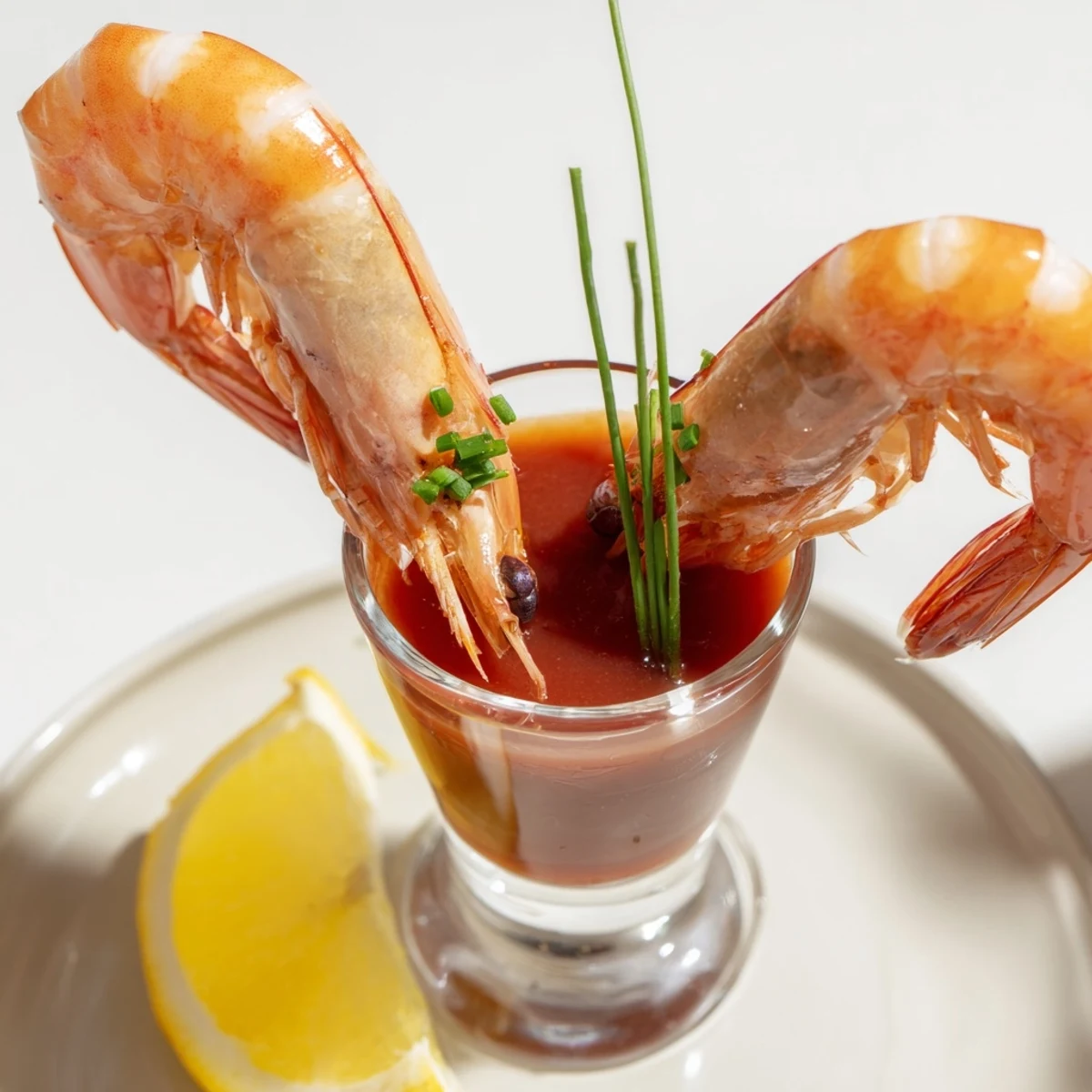 Enjoy fresh Retro Prawn Cocktail Shooters: Plump shrimp sit atop a zesty sauce, perfect for elegant appetizers.