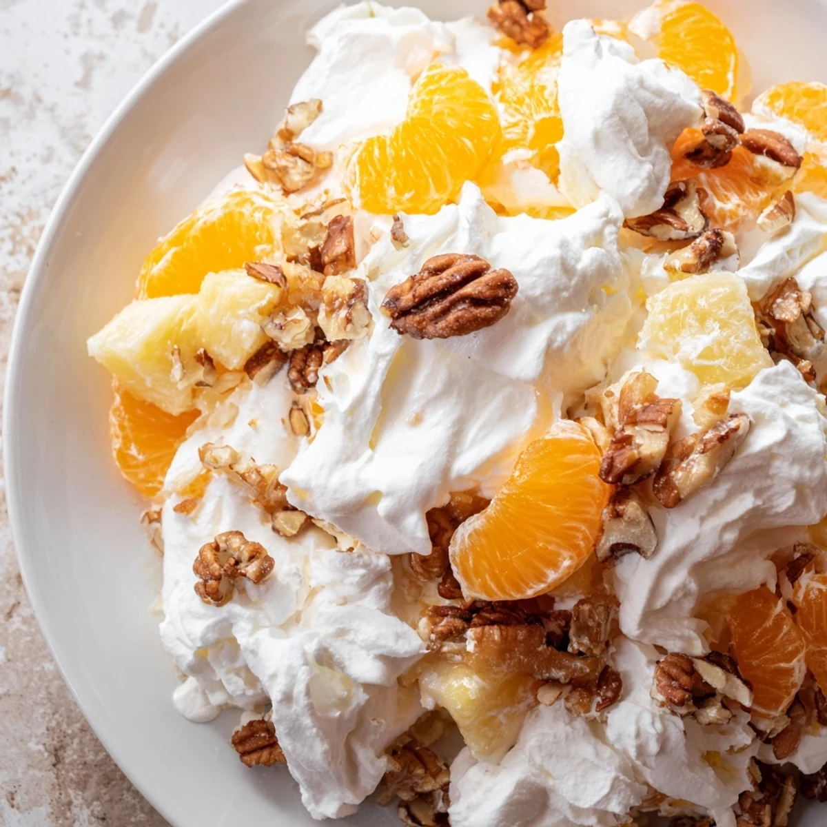 A vibrant, layered dish of Elevated Ambrosia Salad with mandarin oranges and toasted pecans.