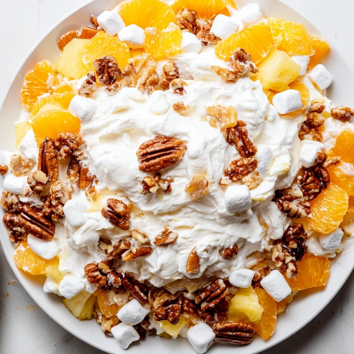 Close-up of a delightful serving of Elevated Ambrosia Salad, perfect for any dessert spread.