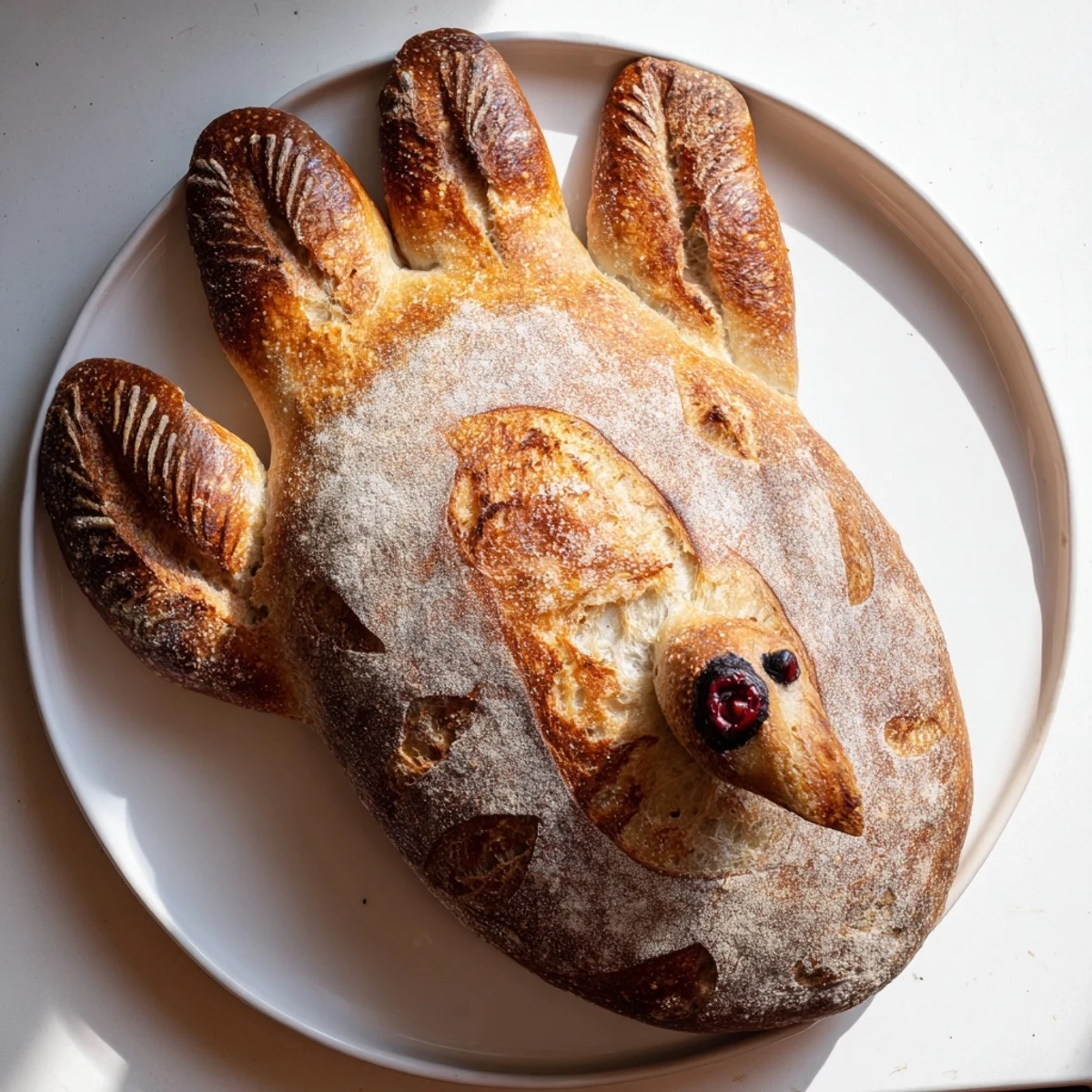 A festive turkey-shaped sourdough bread with golden crust and rustic scoring, perfect for a holiday centerpiece on a wooden table.  
