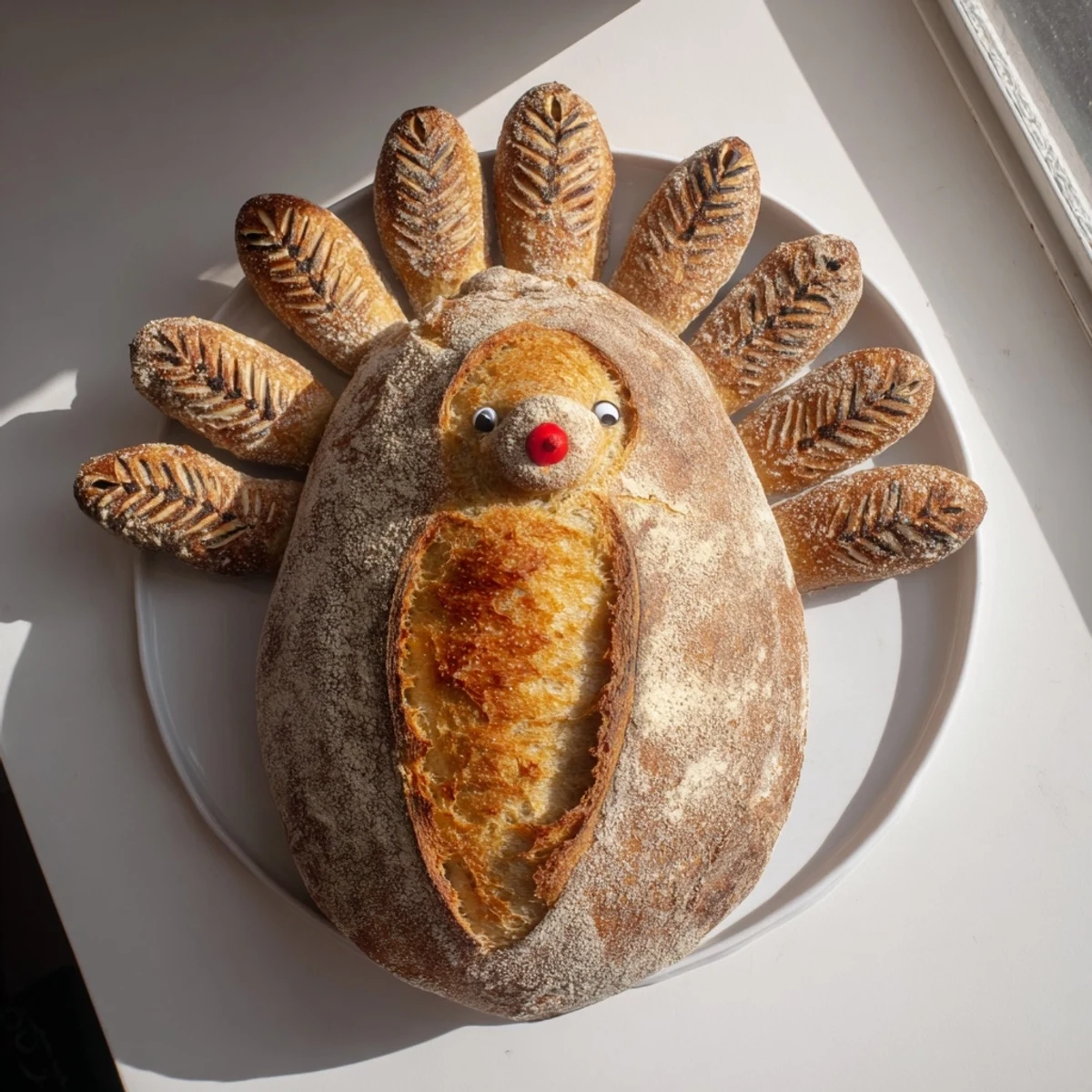 Rustic turkey sourdough loaf with feather-like scoring, seeds, and a crusty golden exterior, served warm with butter on a farmhouse table.  