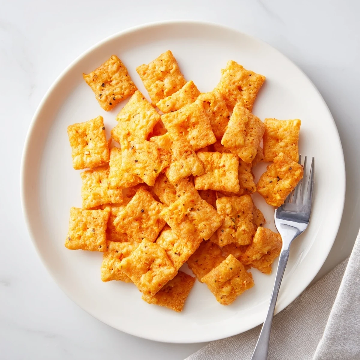 Golden, bite-sized squares of Crispy Cheeto Cheese Crackers scattered beside a glass of milk.