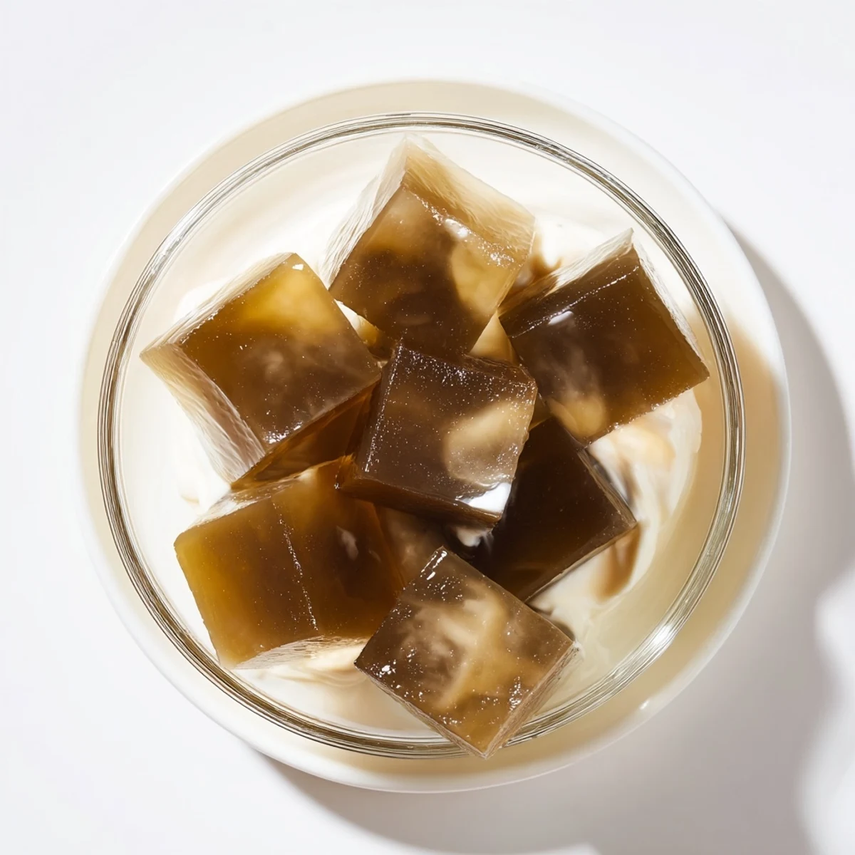 Freshly cut coffee jelly cubes swimming in a bowl of sweetened heavy cream.  
