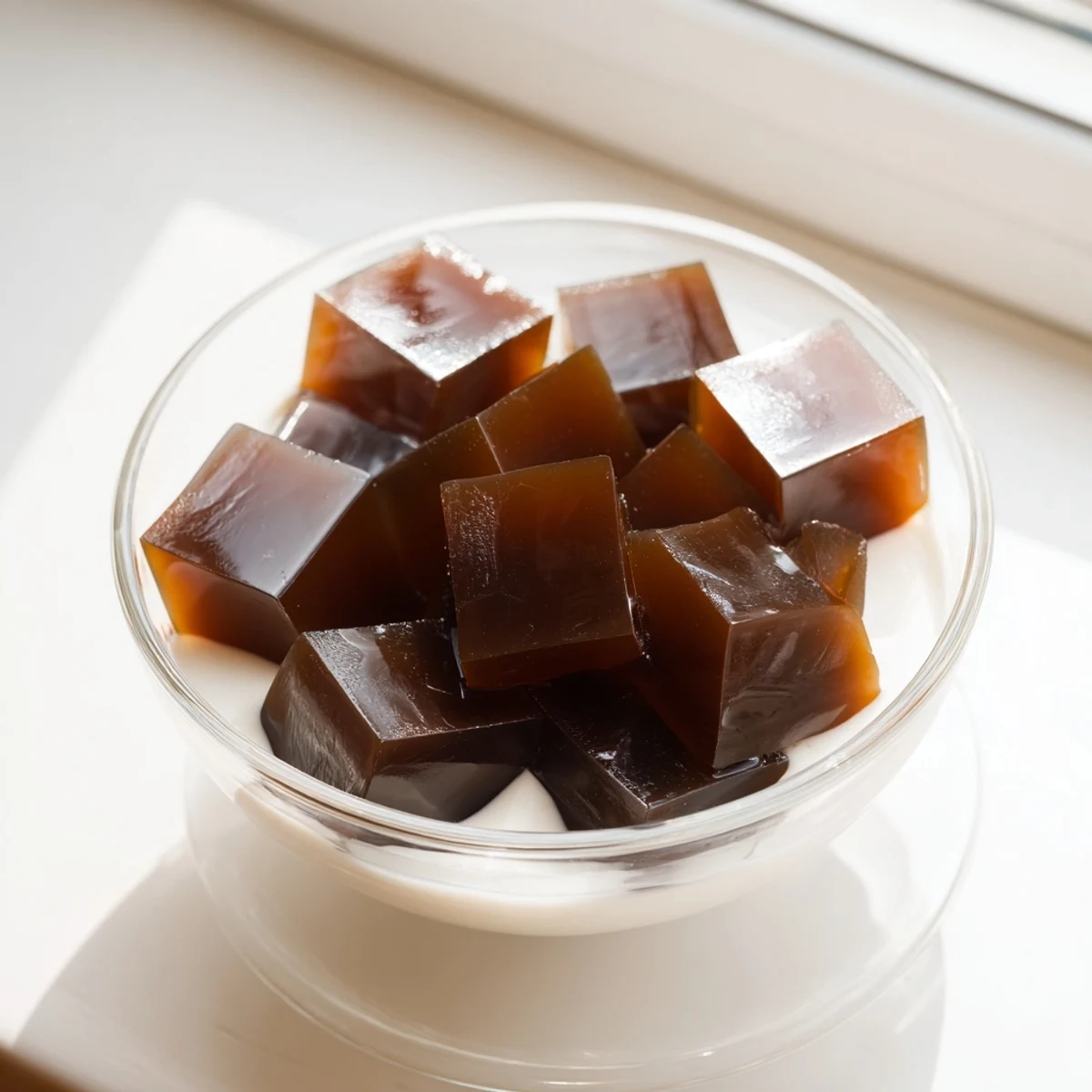Cubes of homemade coffee jelly glistening in a glass, topped with sweetened vanilla cream.  