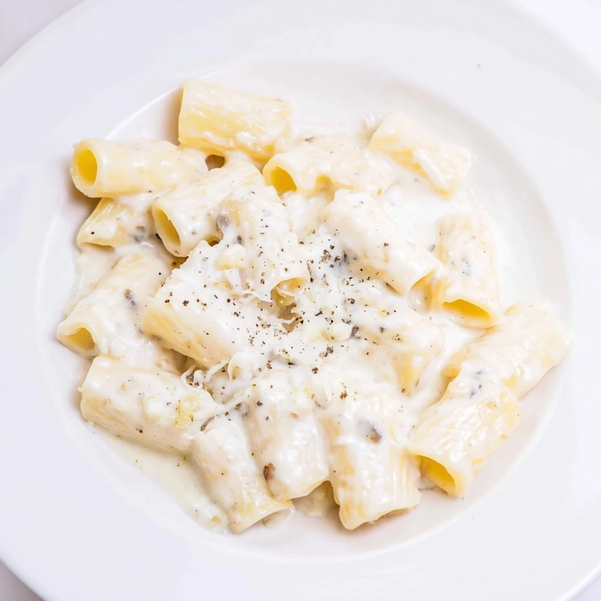 A close-up of Creamy Milk Pasta One-Pot in a skillet, with al dente penne coated in a velvety sauce and topped with fresh parsley and grated Parmesan.