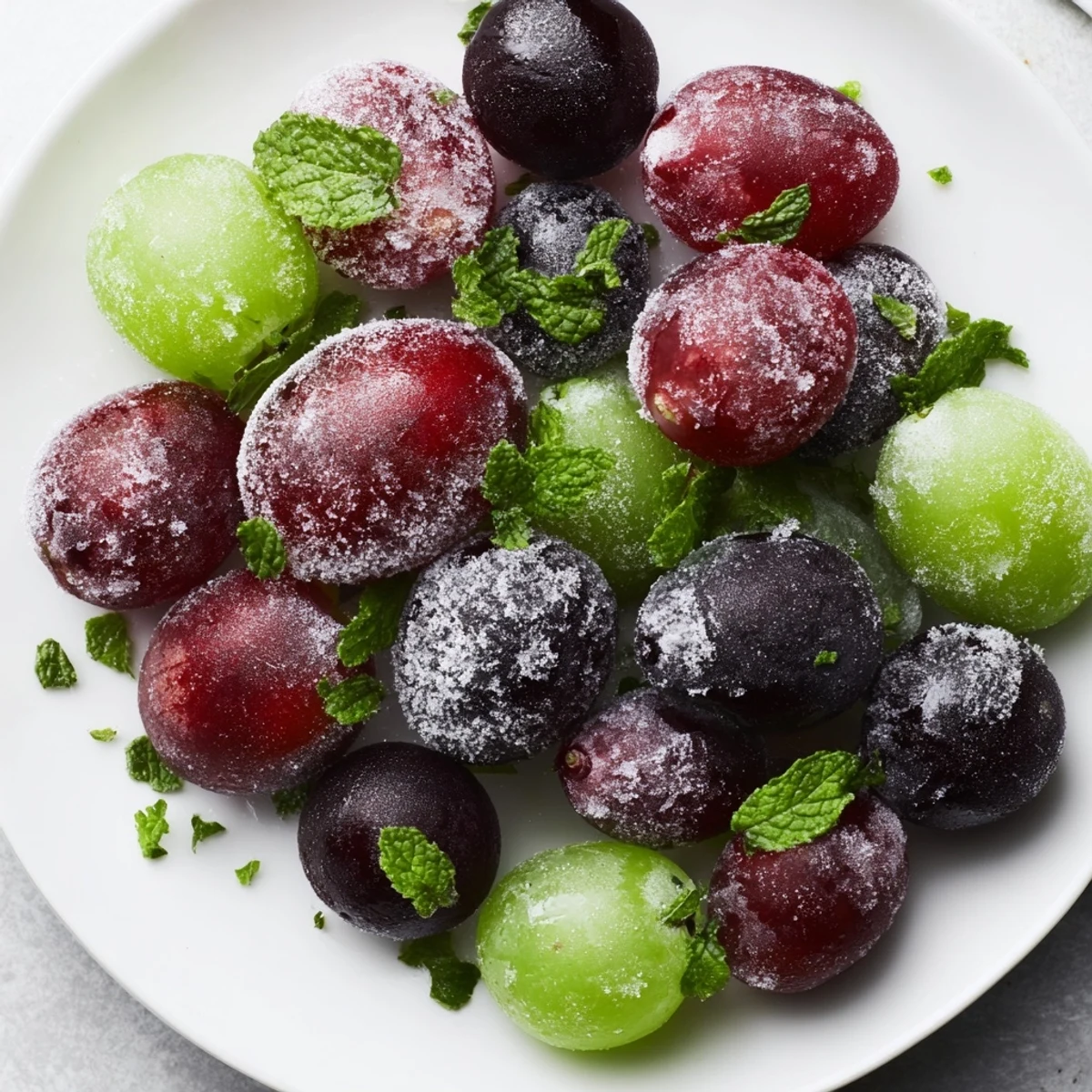 Frozen grapes are presented in a white ceramic bowl, garnished with fresh mint leaves for a refreshing spa treat.