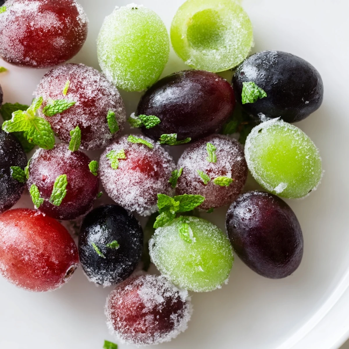 A close-up view of red and green frozen grapes, glistening with frost, ready for a cooling snack.