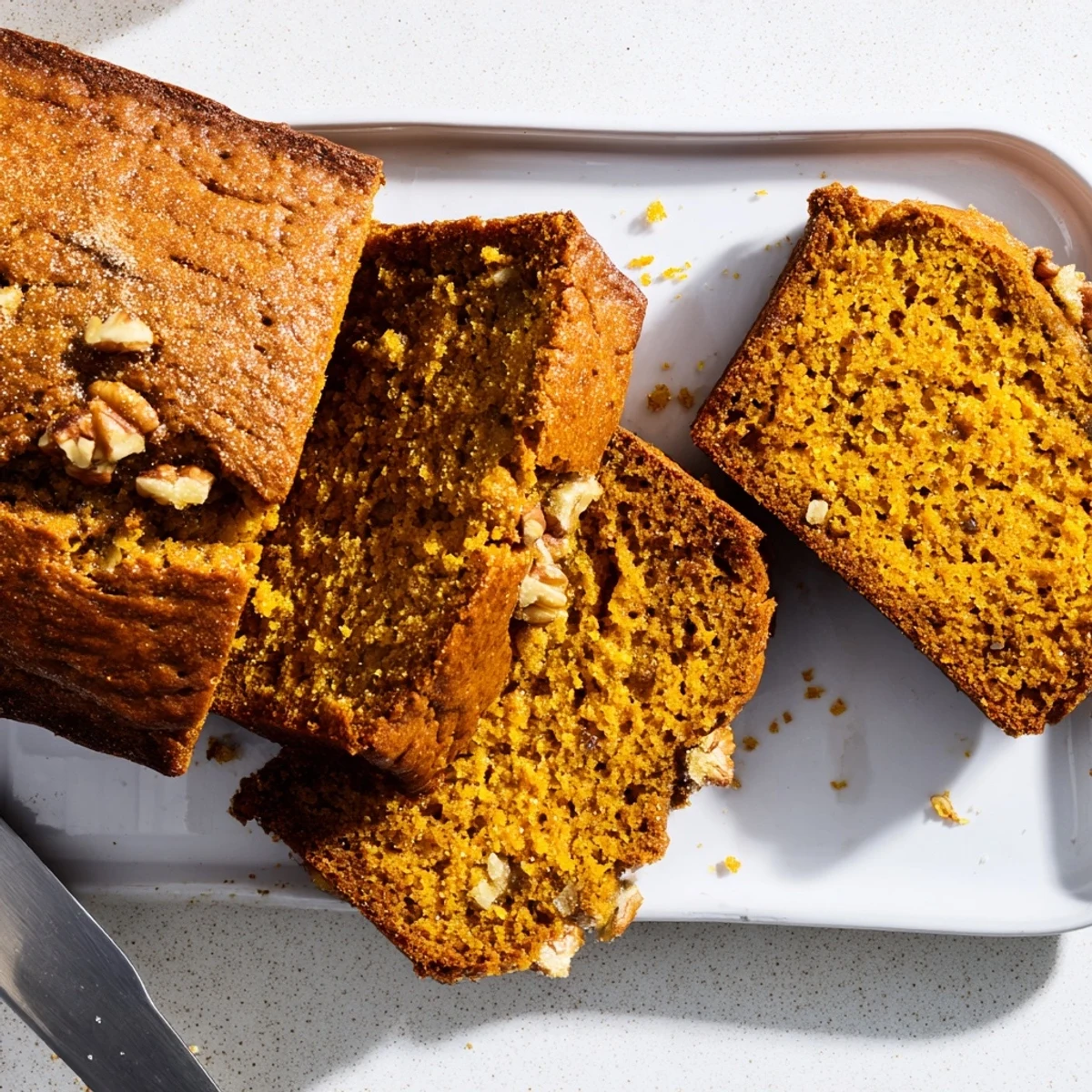 A golden-brown pumpkin bread loaf, sliced to reveal a moist, spiced crumb studded with chopped walnuts and ready for breakfast.