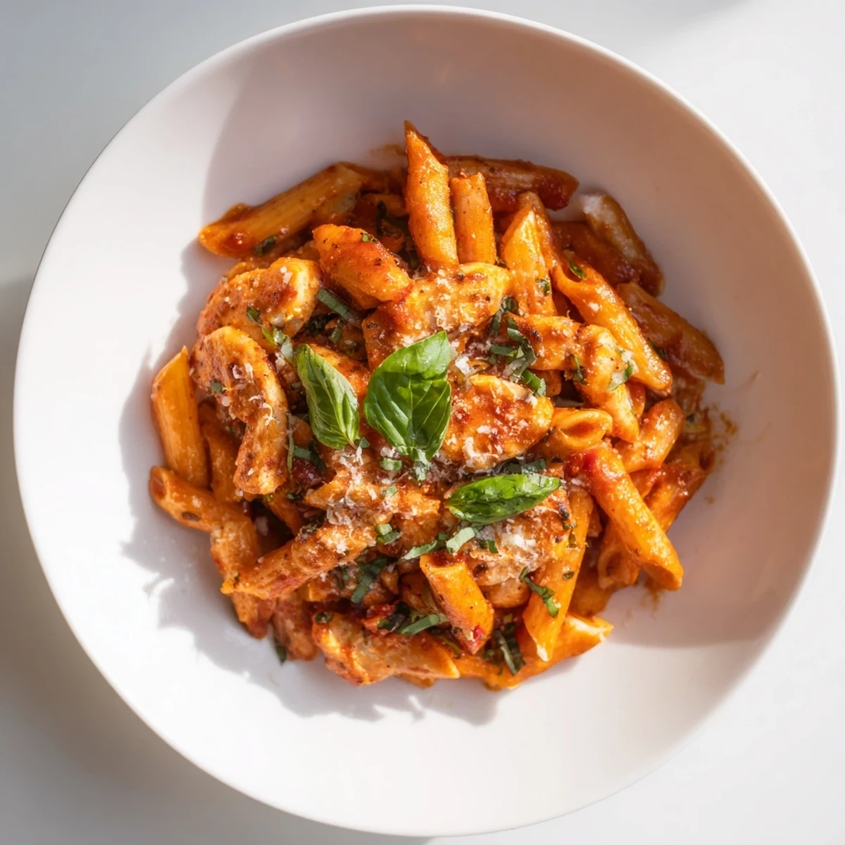 Freshly cooked penne pasta coated in a zesty chili tomato sauce, topped with golden seared chicken strips and fresh basil leaves.