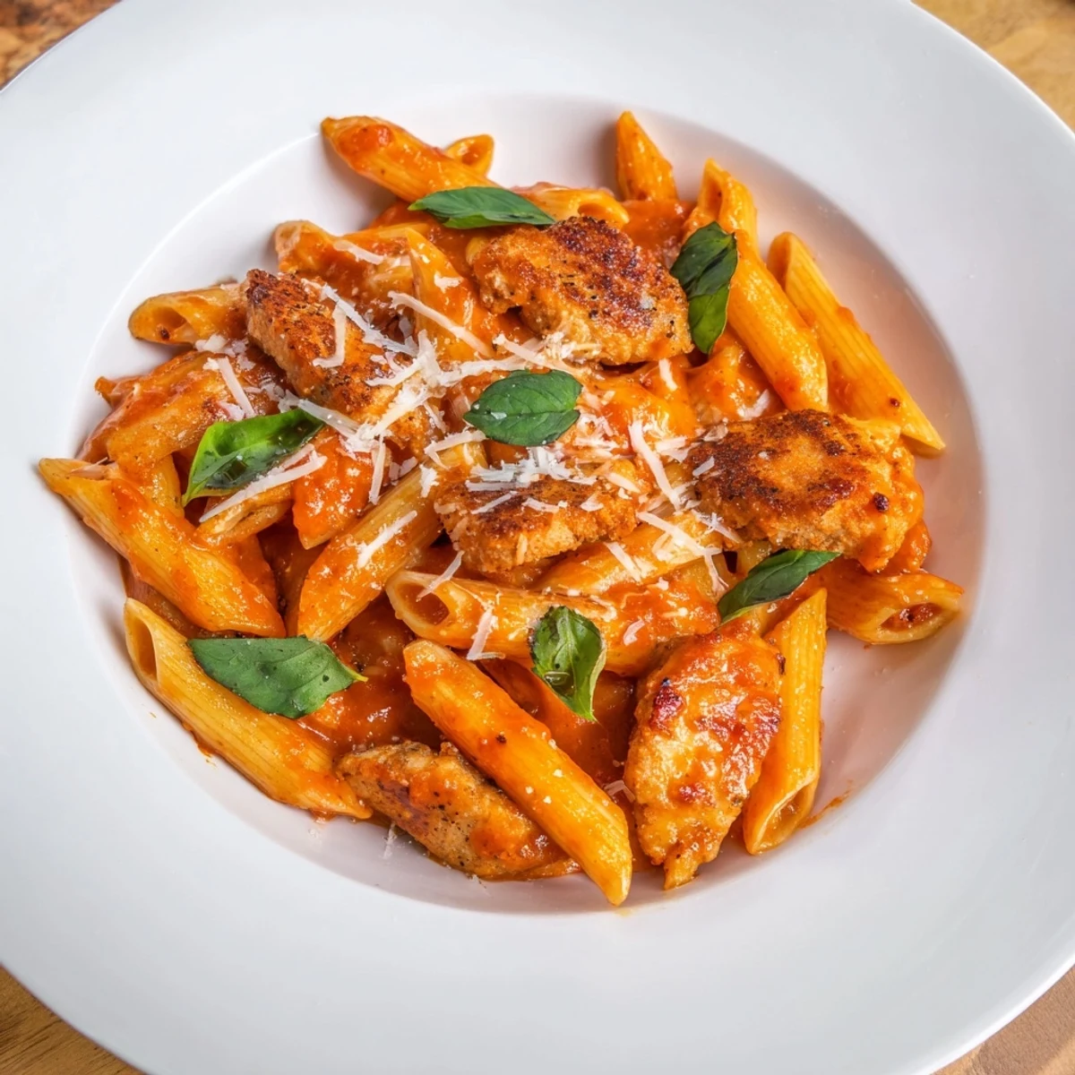 Hearty Italian-American Spicy Tomato Chicken Pasta served in a rustic bowl, perfect for a quick weeknight dinner for four.