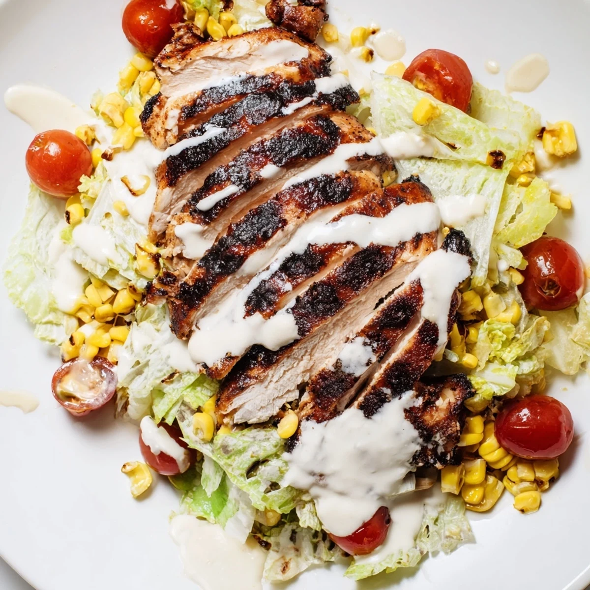 Juicy BBQ chicken slices rest atop crisp romaine lettuce with grilled corn, black beans, and creamy ranch drizzle.  