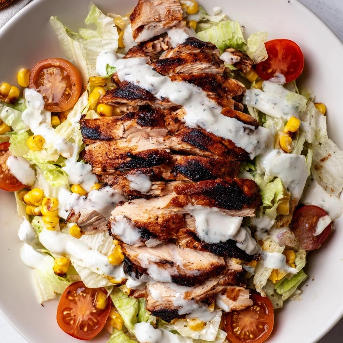 Vibrant BBQ Chicken Salad featuring charred corn, black beans, cherry tomatoes, and avocado slices on a bed of greens.