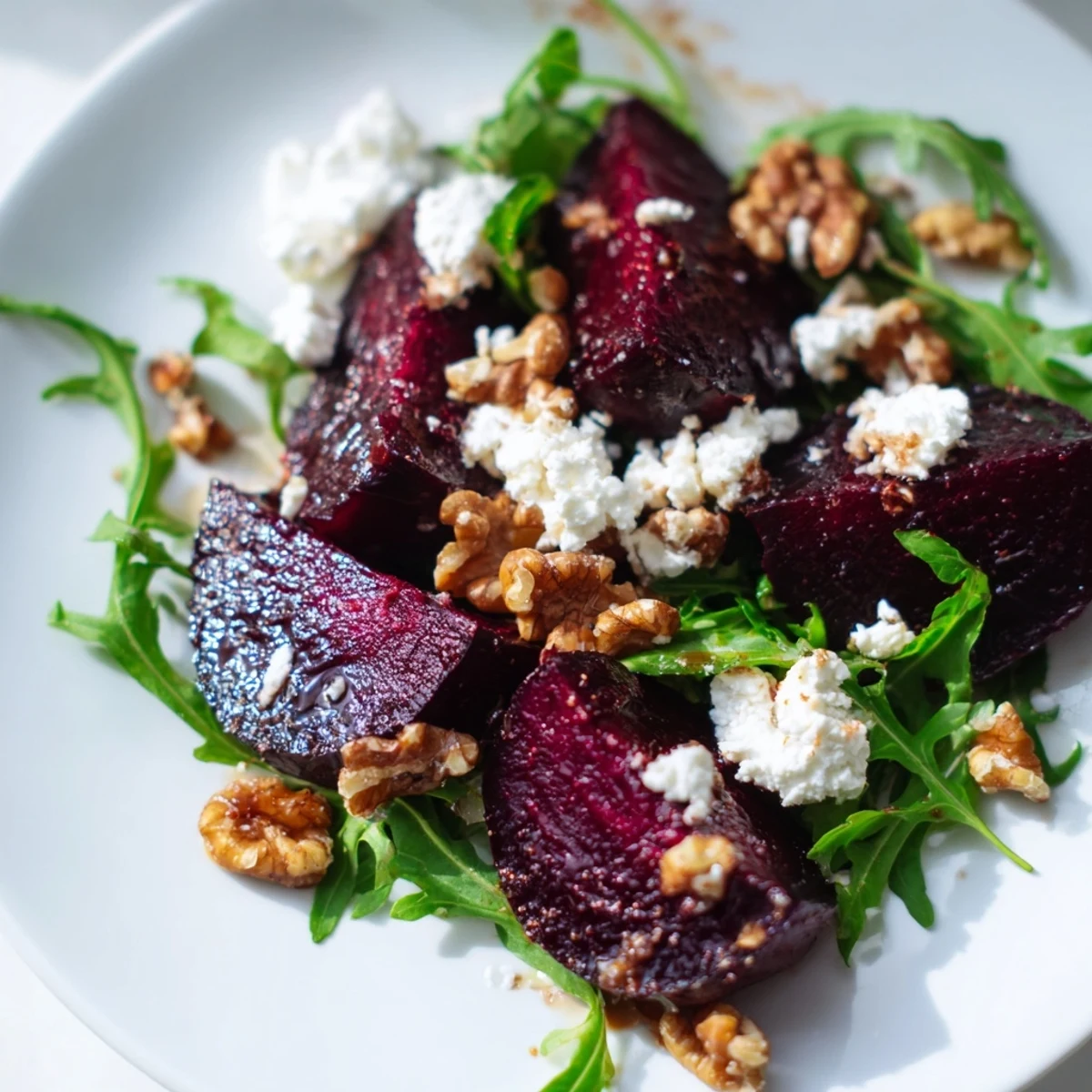 A close-up of vibrant roasted beet wedges, crumbled goat cheese, and toasted walnuts over fresh arugula, drizzled with balsamic vinaigrette.
