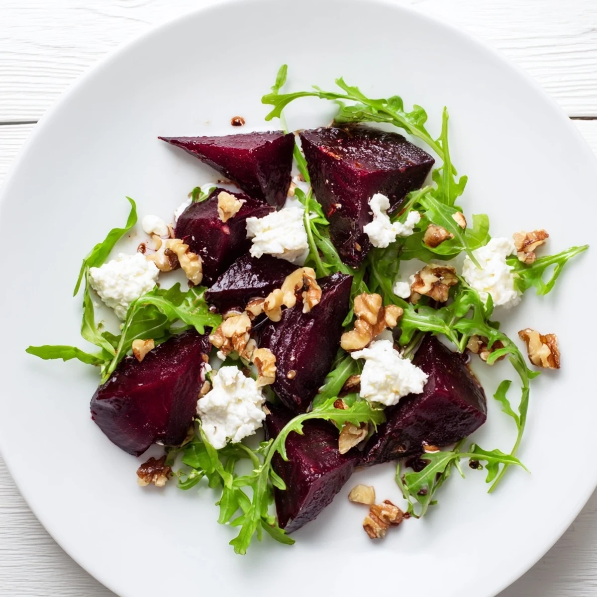 This Roasted Beet Goat Cheese Salad features sweet roasted beets, tangy creamy cheese, and crunchy walnuts on a bed of peppery arugula.