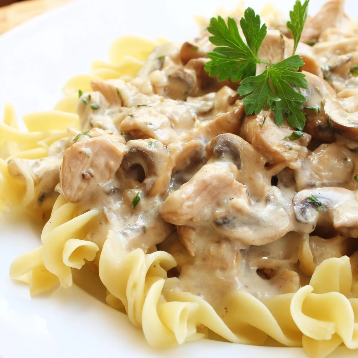Hearty Chicken and Mushroom Stroganoff served steaming hot with tender noodles and fresh parsley garnish.