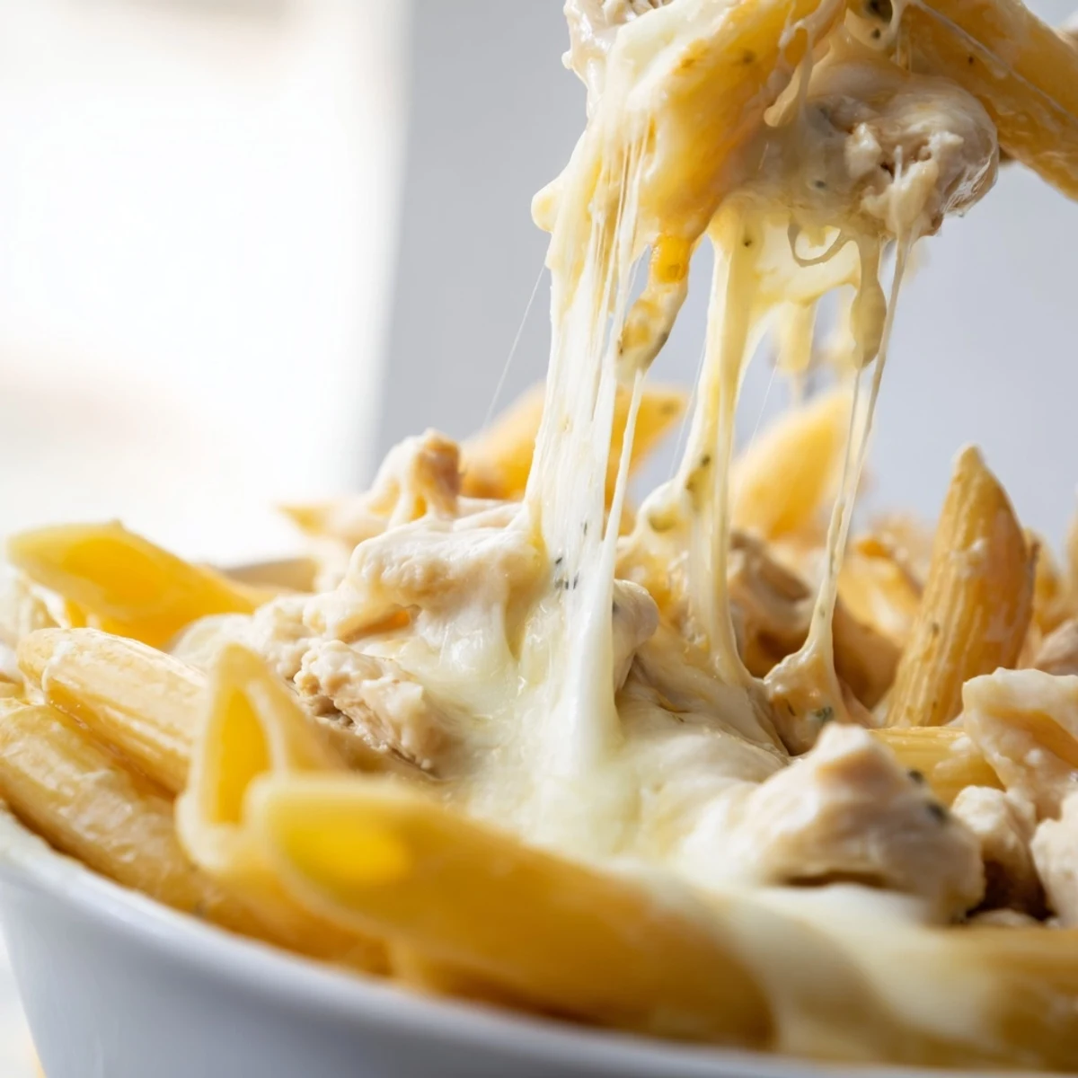 Golden-brown Chicken Ranch Pasta Bake with bubbly mozzarella and penne pasta in a creamy sauce, served hot in a casserole dish.