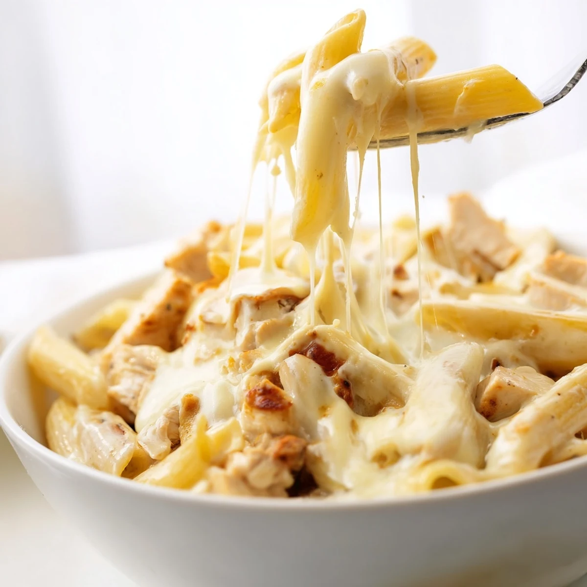 A comforting bowl of Chicken Ranch Pasta Bake, featuring tender chicken, al dente penne, and melted cheese, perfect for a family dinner.