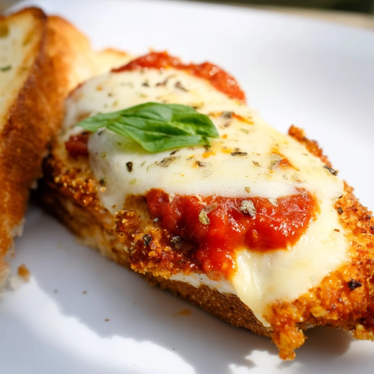 Close-up of a Chicken Parm Grilled Cheese sandwich on a wooden board, featuring golden, crispy chicken, melted mozzarella, and fresh basil. 