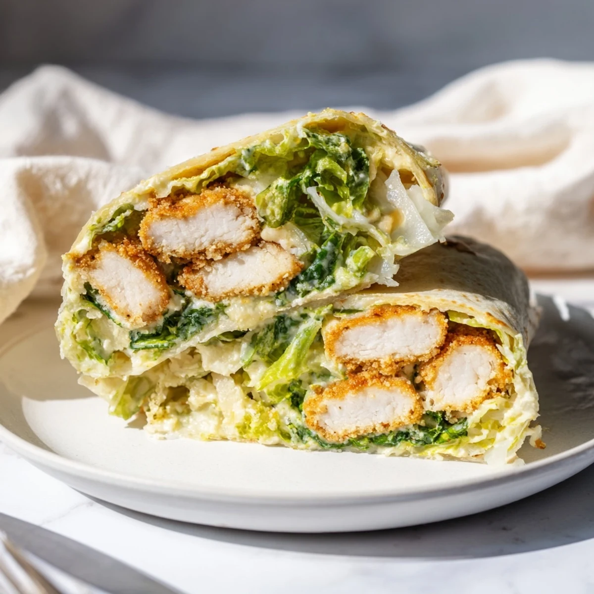 Golden crispy chicken strips, fresh romaine lettuce, and creamy Caesar dressing are tightly wrapped in a soft flour tortilla for this satisfying meal.