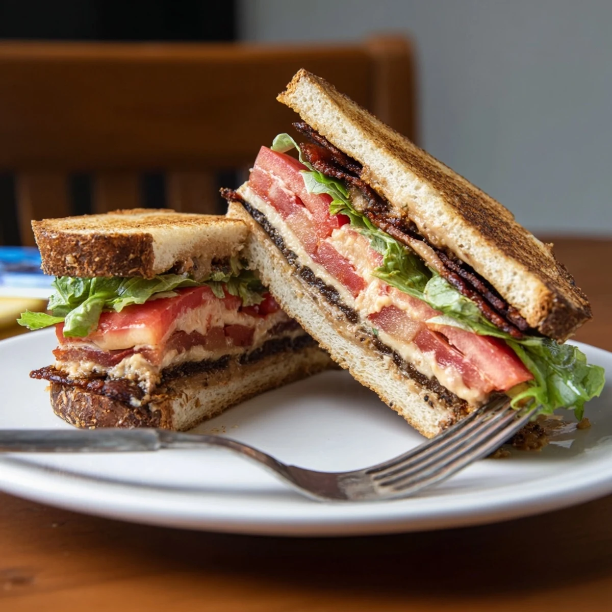 Golden-brown Vegan Bacon BLT Grilled Cheese oozes melted vegan cheese with smoky tempeh bacon, fresh lettuce, and tomato slices.