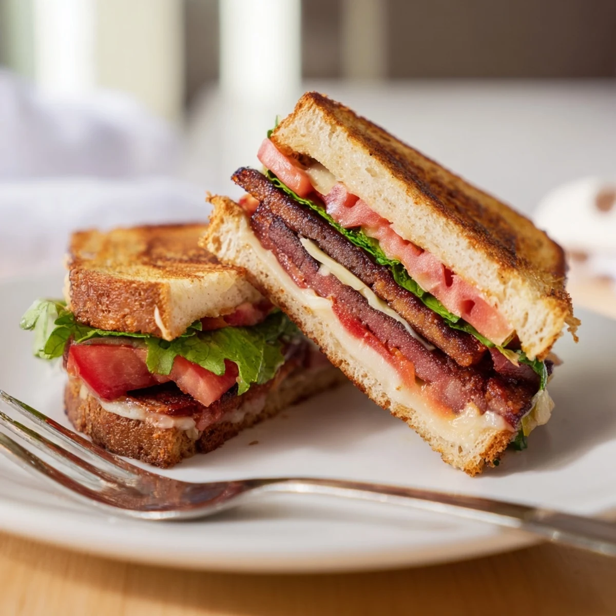 A hearty Vegan Bacon BLT Grilled Cheese, layered with smoky tempeh, crisp lettuce, juicy tomato, and melty vegan cheese.