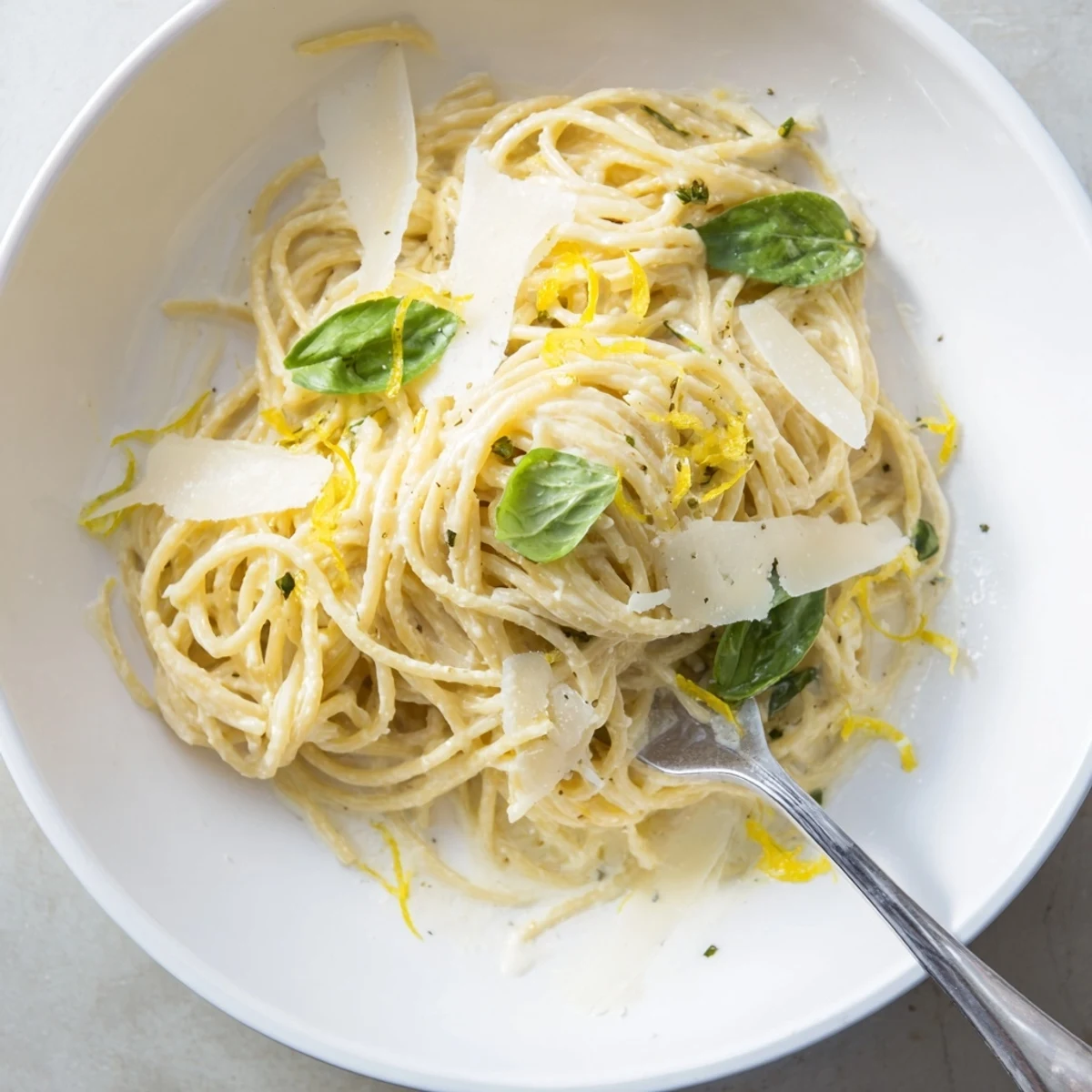 Golden spaghetti coated in a creamy ricotta and bright lemon sauce, garnished with fresh basil and extra Parmesan cheese.