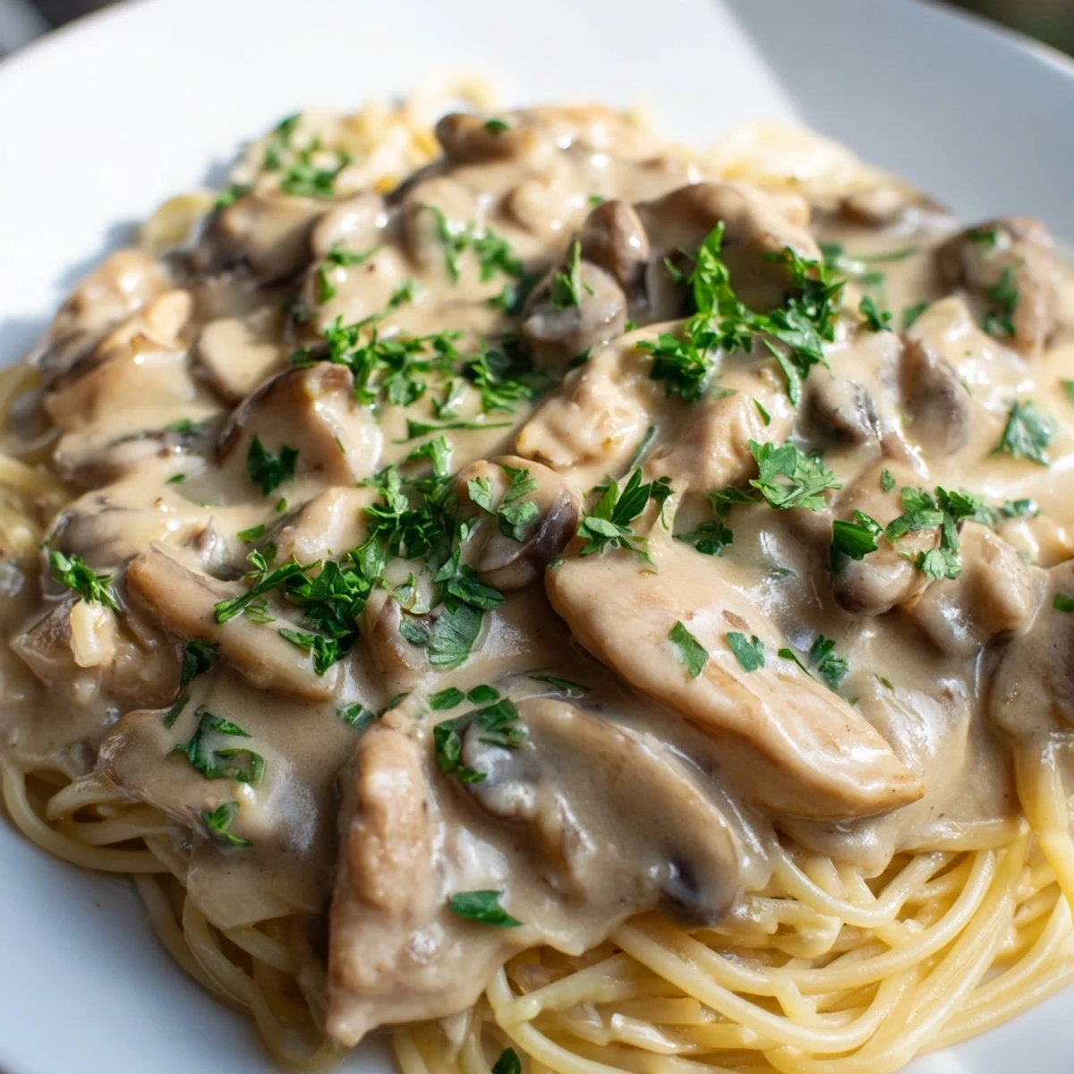 Golden-brown seasoned chicken strips and al dente whole wheat spaghettini coated in a creamy mushroom Parmesan sauce with fresh thyme.