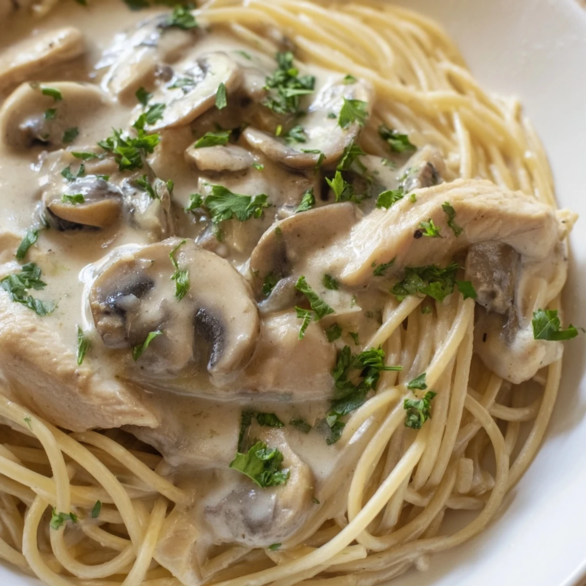 Steaming Creamy Mushroom Chicken Spaghettini served in a white bowl, showcasing thin pasta ribbons and sautéed mushrooms with spinach.