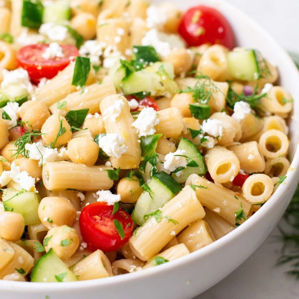 Tossing the lemon herb chickpea pasta salad with fresh cucumbers, cherry tomatoes, and herbs for a refreshing Mediterranean-inspired meal.