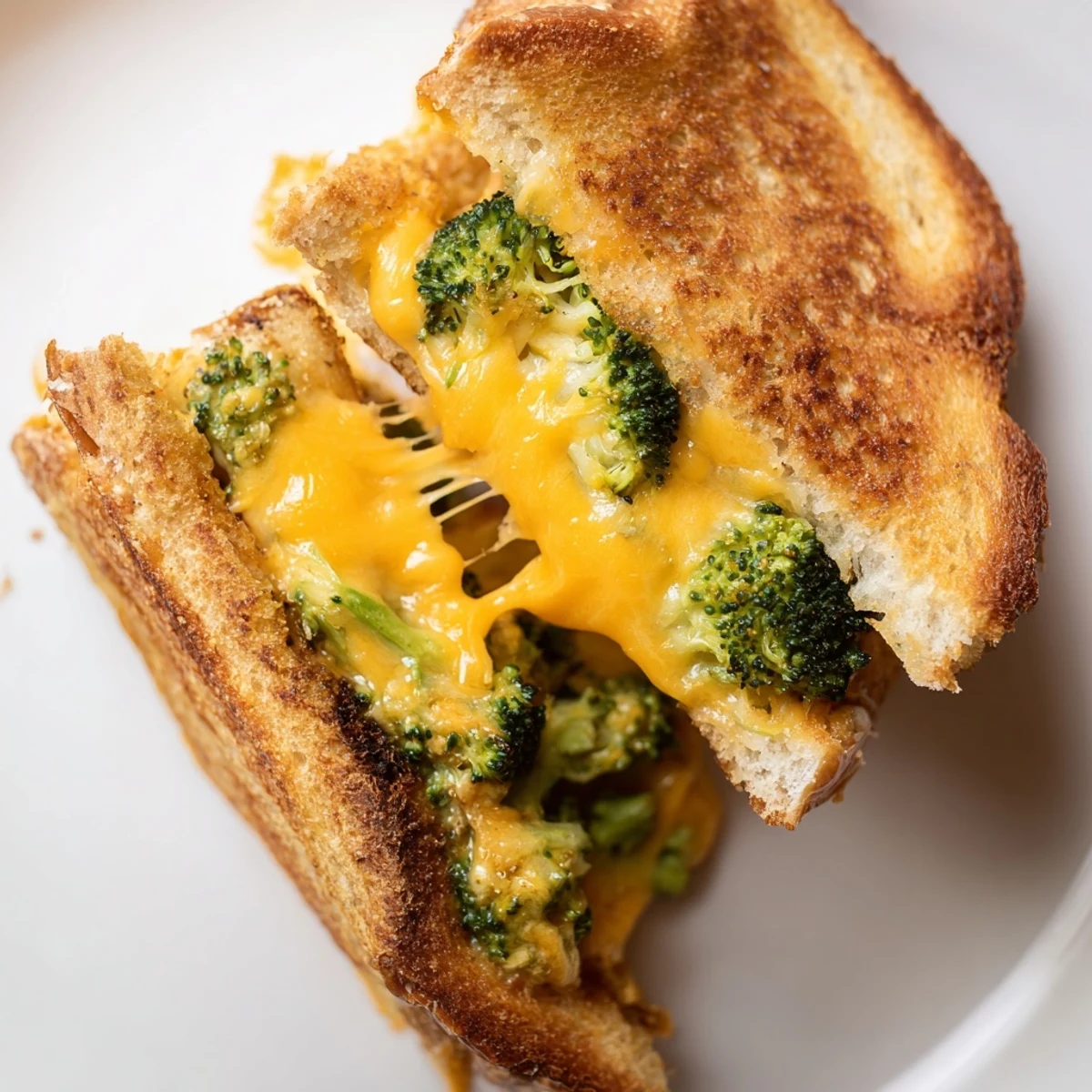 Golden toasted bread slices hold a hearty Roasted Broccoli & Cheddar Grilled Cheese, served warm alongside a steaming bowl of tomato soup for dipping.  